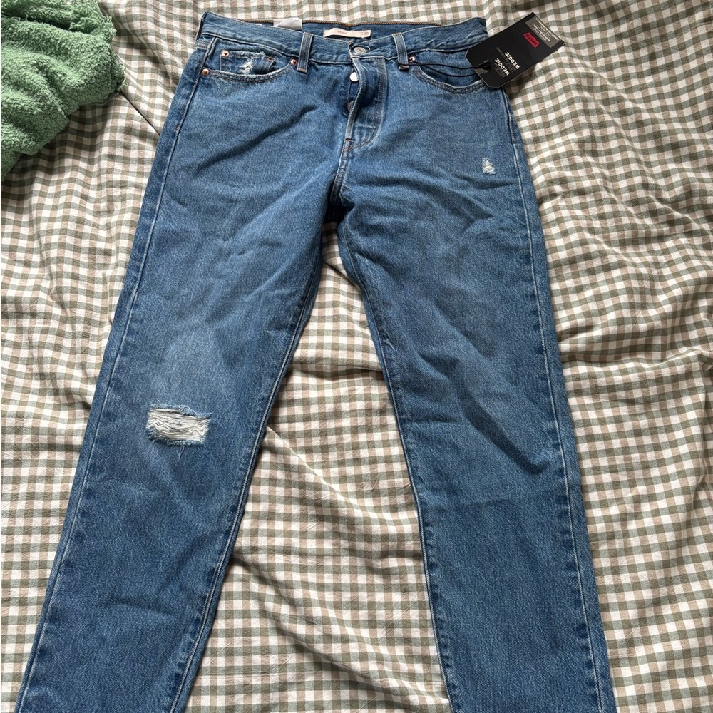 Levi's Wedgie Blue Straight Leg Jeans with Distressed Details